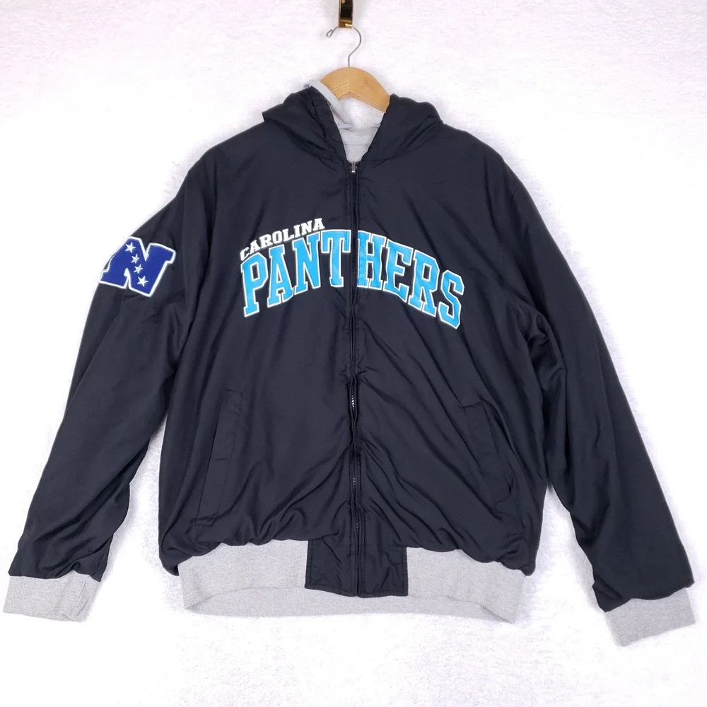 NFL Carolina‎ Panthers Jacket Mens XL Reversible Hooded Full Zip Black Gray
